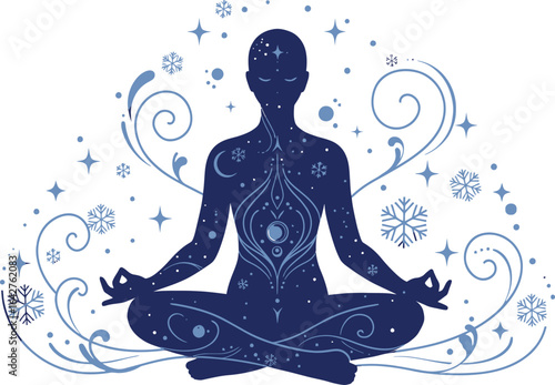 Silhouette of a person meditating with cosmic and winter elements