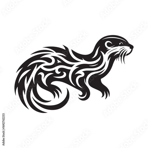 Wallpaper Mural Tribal Tattoo Style Asian Small Clawed Otter Silhouette with Flame Feather Details and Curved Lines Vector Design Torontodigital.ca