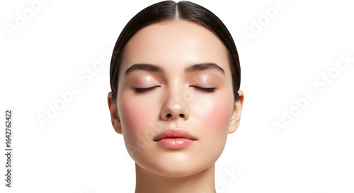 Beautiful young woman with closed eyes and perfect skin isolated on transparent background