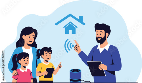 Family using smart home technology with voice assistant