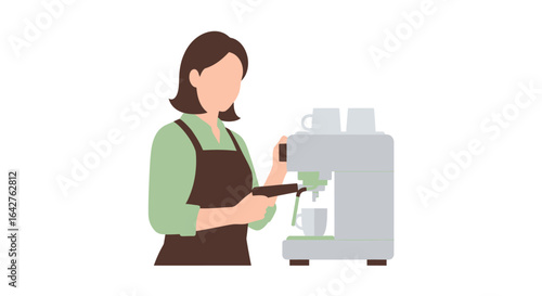 Faceless female barista in a brown apron operating a professional espresso machine.