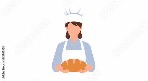 Faceless female baker in a white apron and hat holding a fresh loaf of bread.