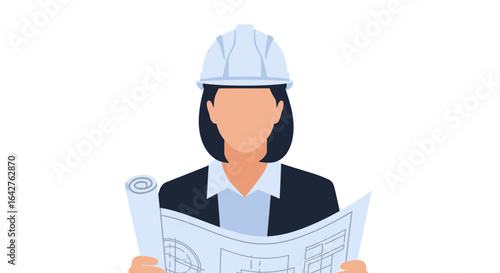 Faceless female engineer illustration wearing a hard hat and blazer, holding a blueprint.