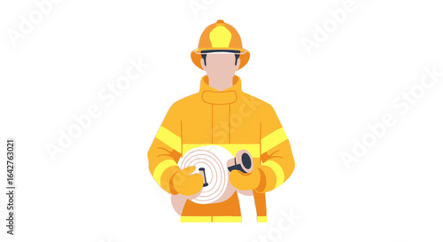 Flat design illustration of a faceless firefighter in a yellow uniform and helmet, holding a coiled fire hose.