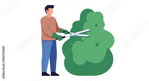 Man in casual wear with green gloves trimming a lush bush with large hedge shears. Flat vector illustration.