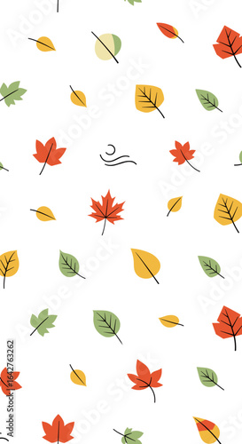 A seamless pattern of falling autumn leaves in various colors and shapes scattered across a white background