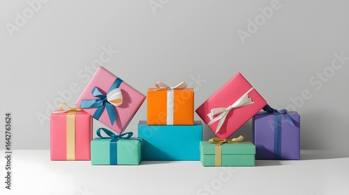 Pile of colorful gift boxes with ribbons and bows stacked under sunlight, festive holiday present arrangement perfect for Christmas, birthday, or celebration backdrop design