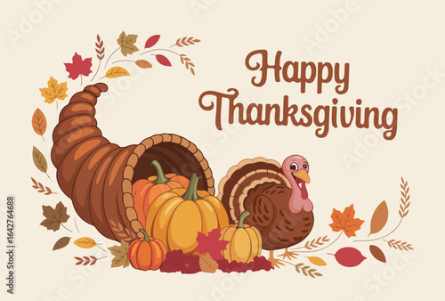 Happy thanksgiving with a cornucopia and a turkey