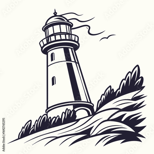 Beacon of Solitude: A stark black and white illustration of a solitary lighthouse, its sturdy silhouette a steadfast guide against the raw power of the ocean. Waves crash, seagulls soar.
