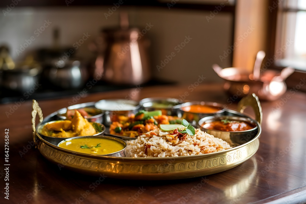 Traditional indian thali meal served in a brass platter Traditional indian thali meal served in a brass platter
