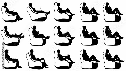 Silhouettes of people relaxing in beanbag chairs using laptops and phones in a comfortable setting