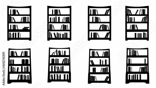 Illustration showing eight bookshelves filled with books in a simple black and white silhouette style design