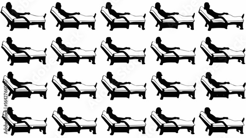 Silhouetted figures reclining on chaise lounges arranged in a grid pattern creating a repeated motif design