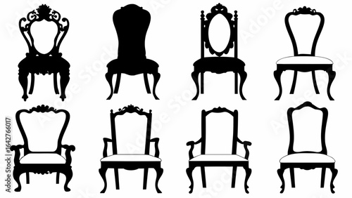 Silhouette illustration showcasing an assortment of ornate chairs with varied designs and styles