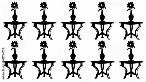 Pattern of tables with flowers in vases arranged in rows on a white background creating a repeat design silhouette