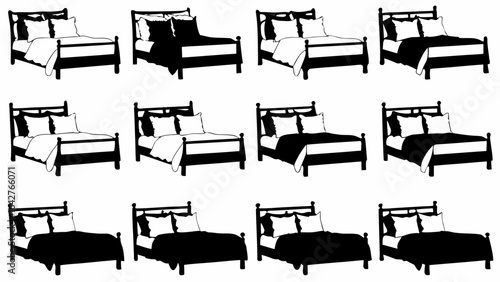 Illustration showing twelve beds with different blanket colors and pillow arrangements in black and white silhouette