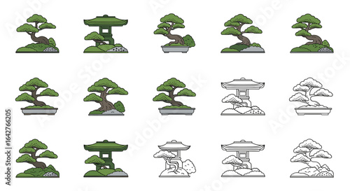 Collection of stylized bonsai trees in various color and line art variations.