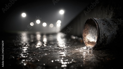 Rusty drainpipe spills water onto wet pavement at night