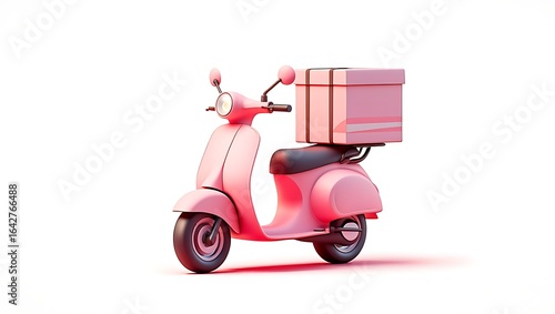 Cute pink scooter with delivery box isolated on white background perfect for restaurant delivery or product shipment advertising and marketing materials
