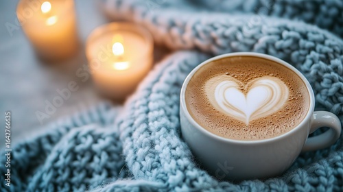 Heart Latte Art on Coffee Cup with Knit Blanket and Candlelight, Cozy Home Still Life