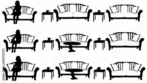Silhouetted arrangement of sofas, tables, and people in a structured black and white composition layout