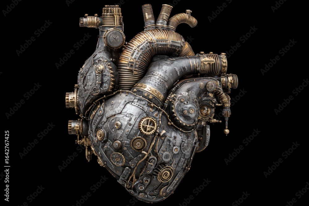 Fototapeta premium Steampunk Heart: Mechanical Gears and Intricate Design on Black Background