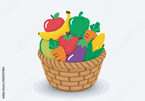 A wicker basket filled with colorful fruits and vegetables including an apple, banana, pepper, tomato, eggplant, carrot, and corn.