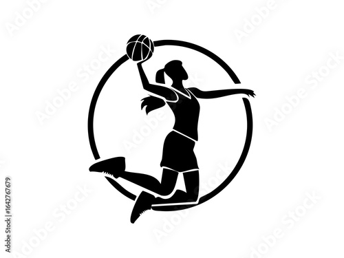 Silhouette of a basketball player performing a slam dunk