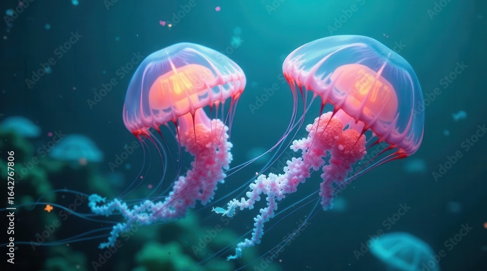 Mesmerizing Duo of Pink Jellyfish Gracefully Dancing in a Vibrant Underwater Realm