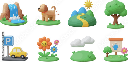 Cute clay art icons set nature elements and animal vector