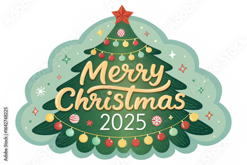 Happy holidays greeting card with a festive Christmas tree, decorative gold ornaments, and a big star on top