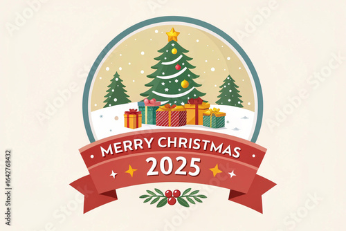 Merry Christmas greeting card with a gold star atop a green winter tree and white snowflake decorations