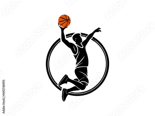 Silhouette of a basketball youth and energetic player performing a slamdunk