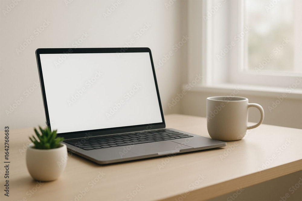 Modern laptop with blank screen on a wooden desk next to a mug and plant Modern laptop with blank screen on a wooden desk next to a mug and plant