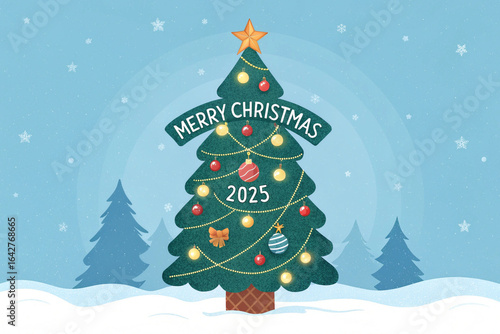 Vector holiday card illustration featuring a festive Christmas tree, snowman, and Santa Claus in a merry winter landscape