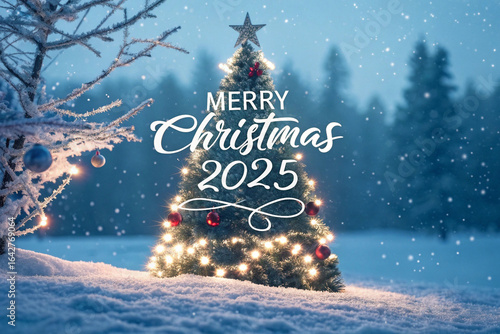 A beautifully decorated fir tree stands in a festive winter scene, adorned with colorful ornaments and a bright star, surrounded by falling snowflakes