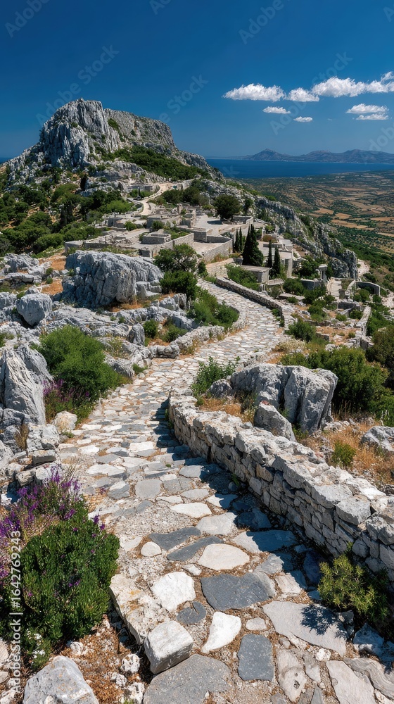 Naklejka premium Ancient stone path winding up a hill