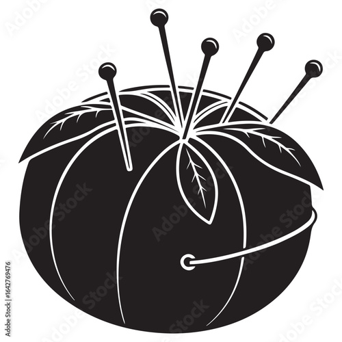 A black and white graphic illustration of a pincushion with pins sticking out in a classic silhouette style
