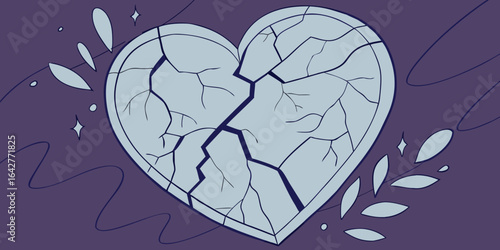 Cracked blue glass heart symbolising heartbreak vector illustration on purple backdrop.
