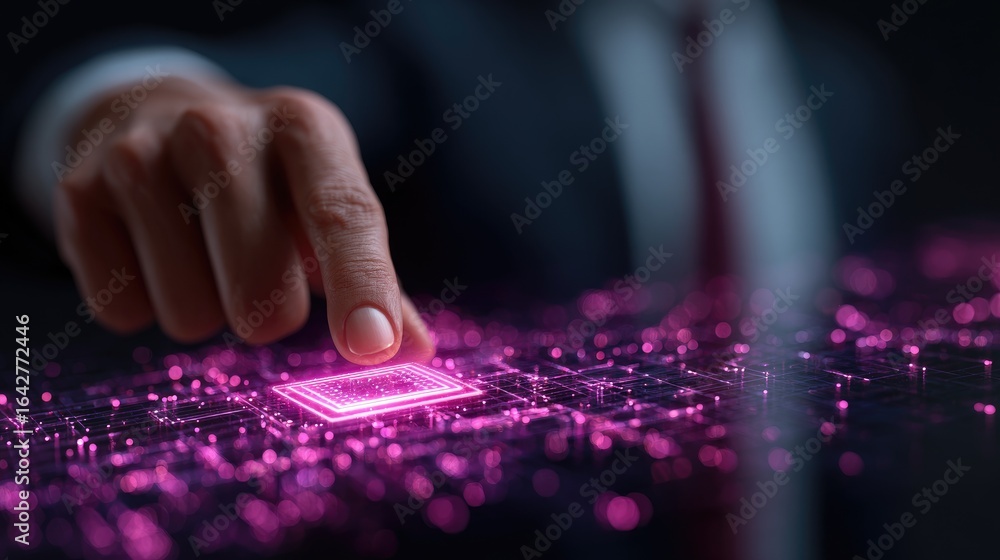 Hand touching glowing circuit board Hand touching glowing circuit board