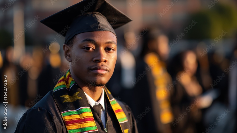 Fototapeta premium Proud Young Man Celebrating Graduation in Traditional Gown and Cap with Bright Smile Against Academic Background Symbolizing Achievement and Success
