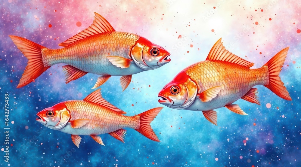 Fototapeta premium Three vibrant orange fish gracefully swim through a cosmic dreamscape, their scales shimmering with an ethereal glow against a backdrop of swirling nebulae and scattered stardust.
