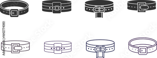 Eight Stylish Belt Buckle Icons: Monochrome Vector Graphics for Fashion Design