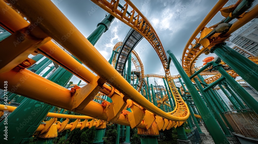 Fototapeta premium Steel rollercoaster structure with green supports under the cloudy sky