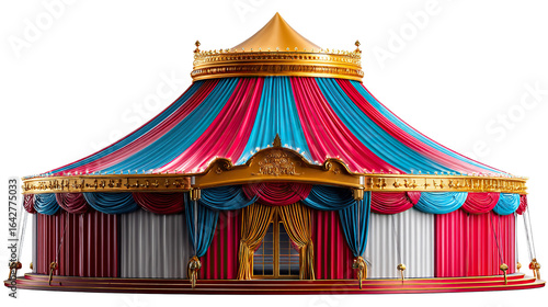 Circus Tent: A grand and colorful circus tent, adorned with vibrant red and blue stripes and a golden embellishments, evoking the magic and wonder of the circus arts. 