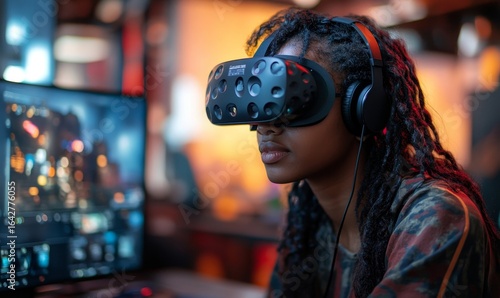 Young Black African American female gaming with a VR headset. The image showcases the immersive experience of virtual reality in a digital entertainment environment, Generative AI