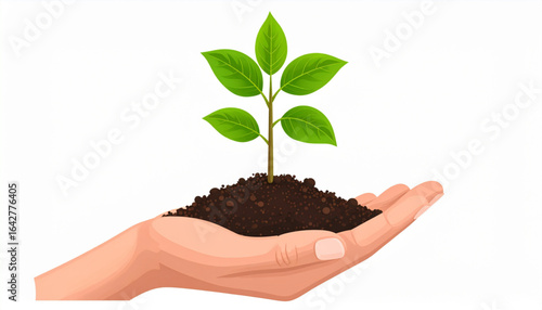 A hand holding a small plant growing out of soil, symbolizing nurturing and growth.