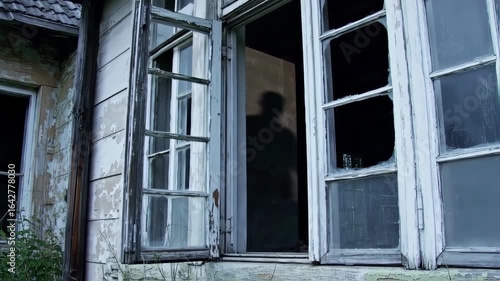 Decaying house window with shadowy figure