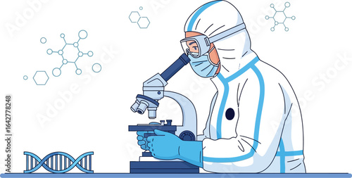 Scientist in lab coat using microscope for medical research