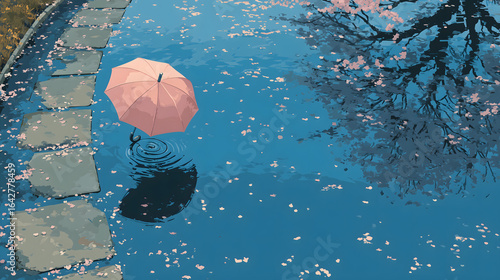 Lush green leaves floating on a serene pond, droplets glistening on their surfaces